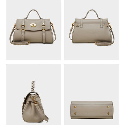 Classic Buckle-Detail Leather Satchel with Braided Handle