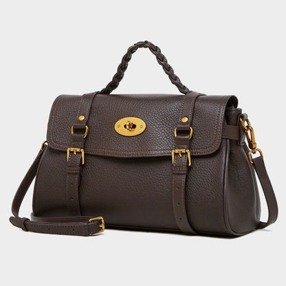Classic Buckle-Detail Leather Satchel with Braided Handle