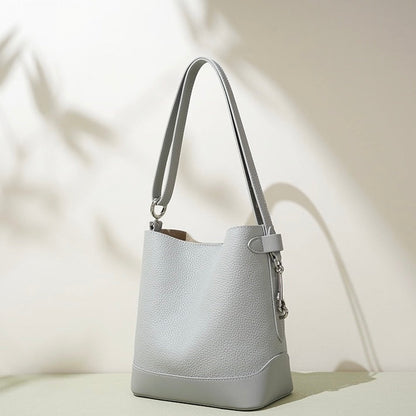 Women’s Genuine Leather Lychee Grain Bucket Shoulder Crossbody Bag