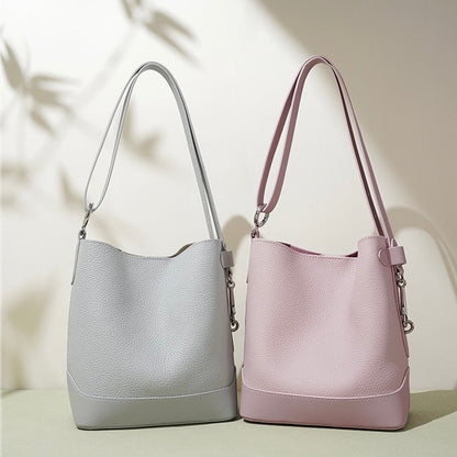 Women’s Genuine Leather Lychee Grain Bucket Shoulder Crossbody Bag