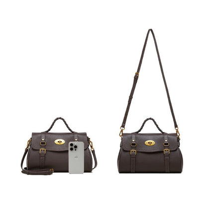 Classic Buckle-Detail Leather Satchel with Braided Handle