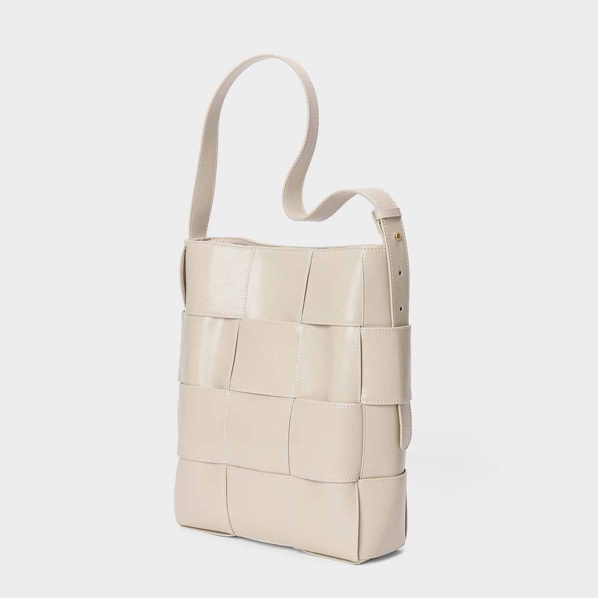 Beige Woven Leather Bucket Shoulder Bag