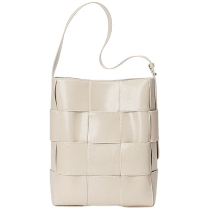 Beige Woven Leather Bucket Shoulder Bag