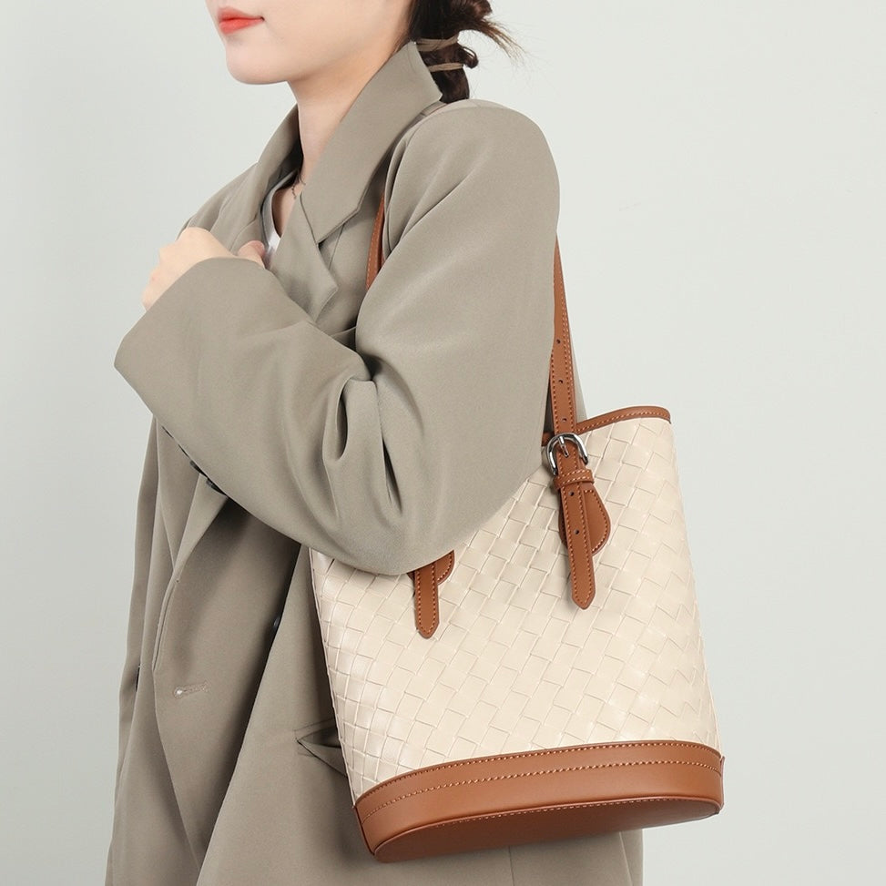 Woven Genuine Leather Color Block Bucket Tote Bag