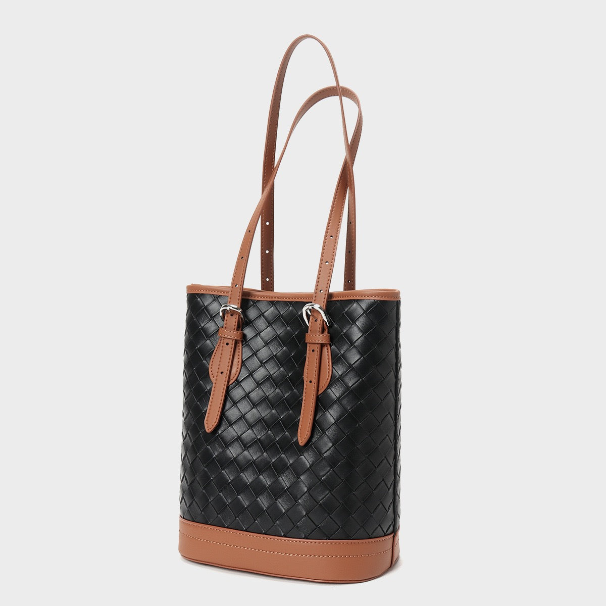 Woven Genuine Leather Color Block Bucket Tote Bag