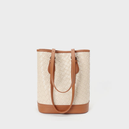 Woven Genuine Leather Color Block Bucket Tote Bag