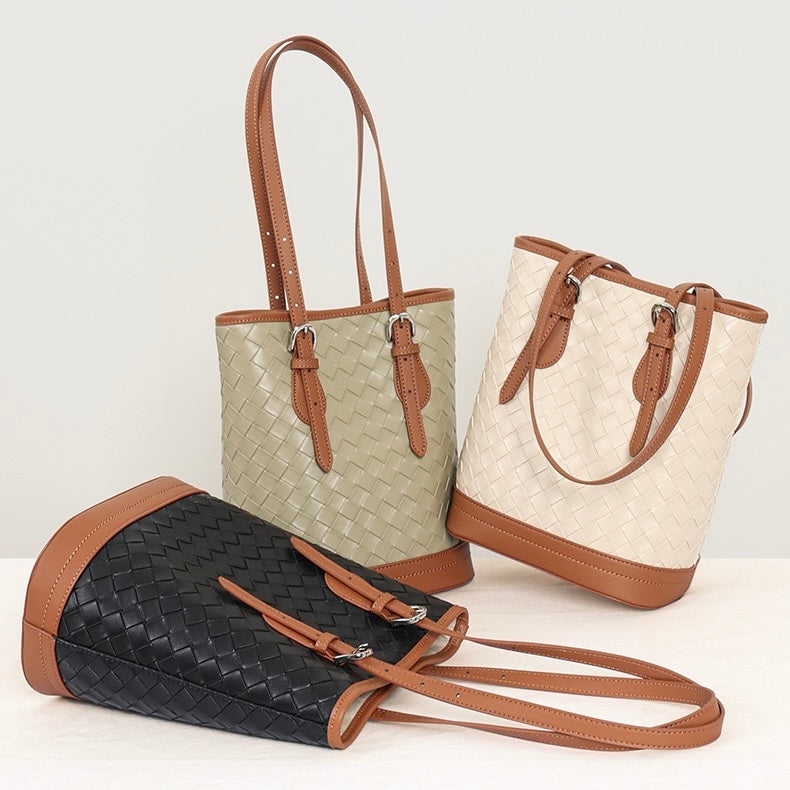 Woven Genuine Leather Color Block Bucket Tote Bag