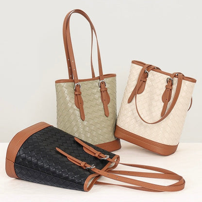 Woven Genuine Leather Color Block Bucket Tote Bag