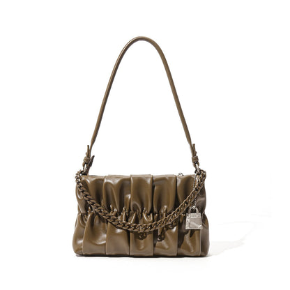 Textured Olive Genuine Leather Shoulder Bag with Chain & Lock Charm