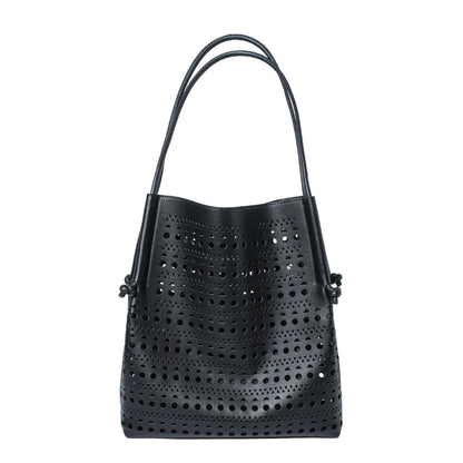 Genuine Leather Perforated Tote Bag with Detachable Pouch