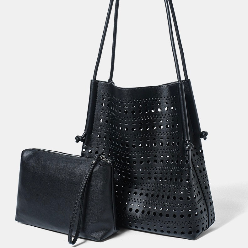 Genuine Leather Perforated Tote Bag with Detachable Pouch