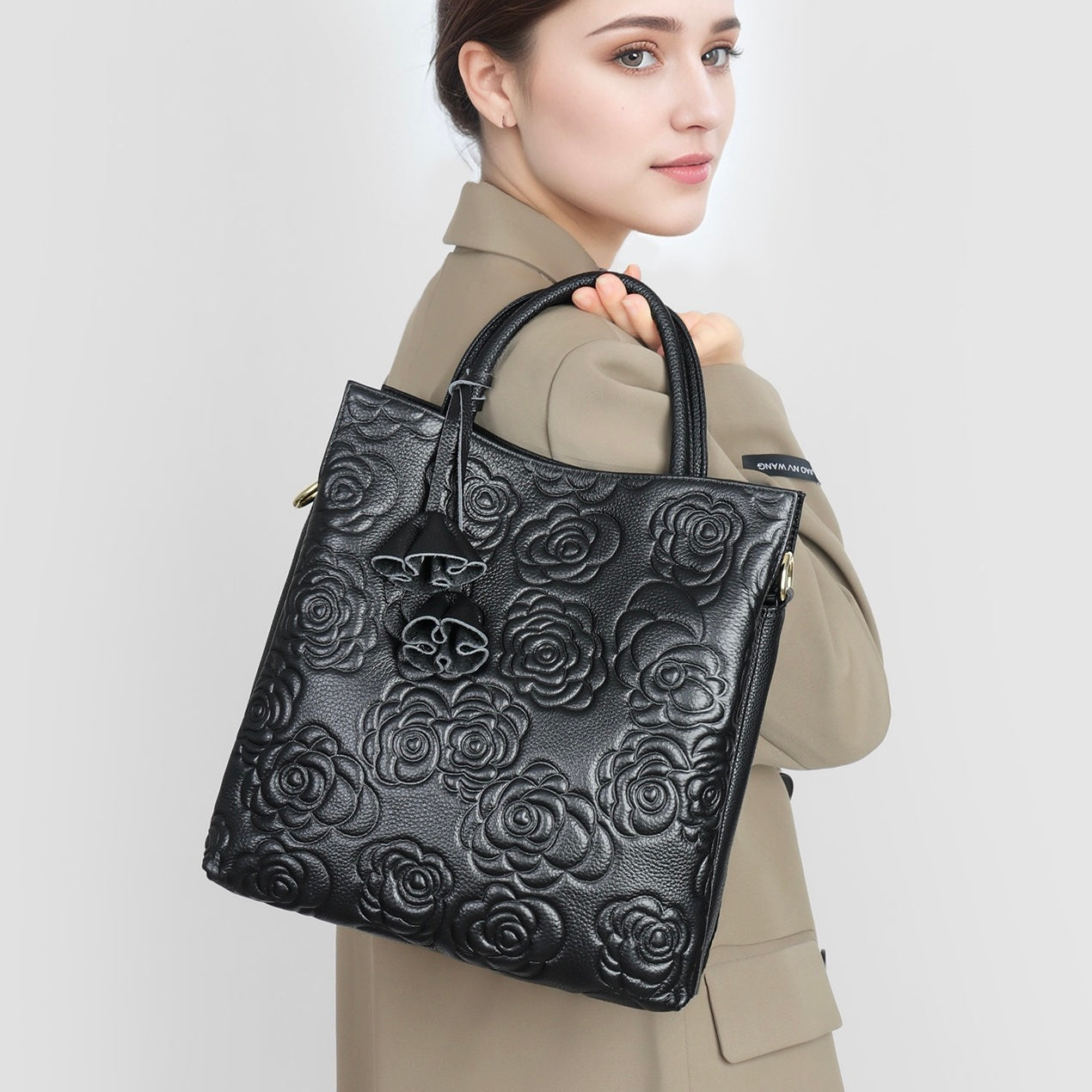 Genuine Leather Rose Embossed Tote Bag With Detachable Strap