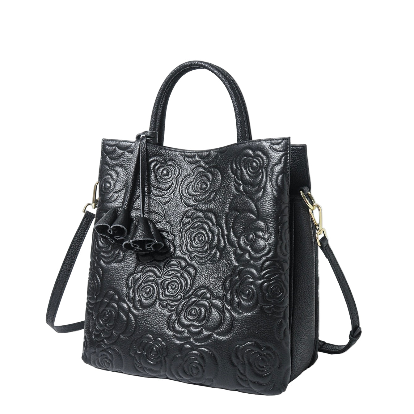 Genuine Leather Rose Embossed Tote Bag With Detachable Strap