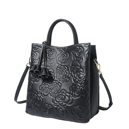 Genuine Leather Rose Embossed Tote Bag With Detachable Strap