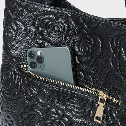 Genuine Leather Rose Embossed Tote Bag With Detachable Strap