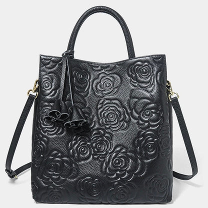 Genuine Leather Rose Embossed Tote Bag With Detachable Strap