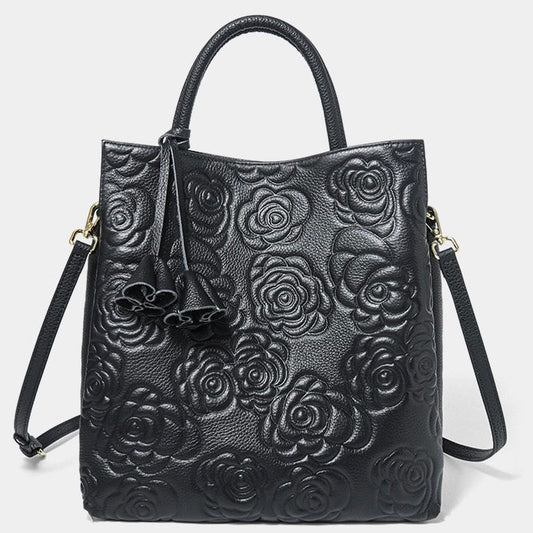Genuine Leather Rose Embossed Tote Bag With Detachable Strap