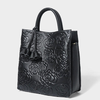 Genuine Leather Rose Embossed Tote Bag With Detachable Strap