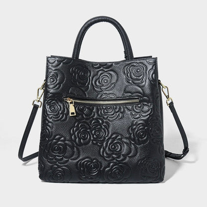 Genuine Leather Rose Embossed Tote Bag With Detachable Strap