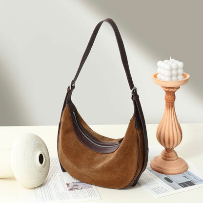 Brown Suede Leather Hobo Shoulder Dumpling Bag