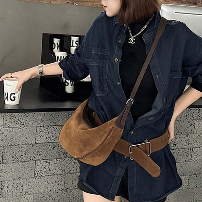 Brown Suede Leather Hobo Shoulder Dumpling Bag