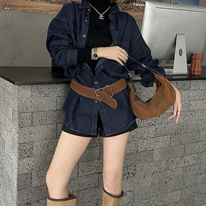 Brown Suede Leather Hobo Shoulder Dumpling Bag