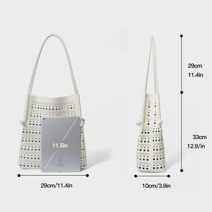 Genuine Leather Perforated Tote Bag with Detachable Pouch