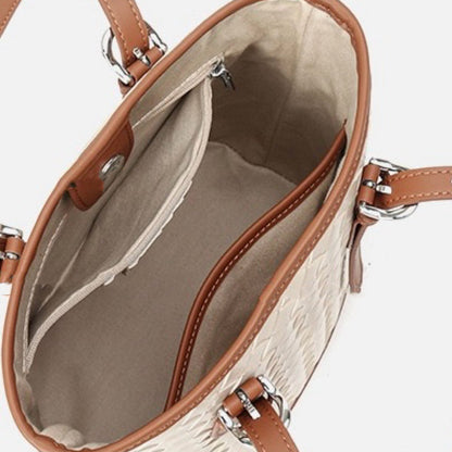 Woven Genuine Leather Color Block Bucket Tote Bag