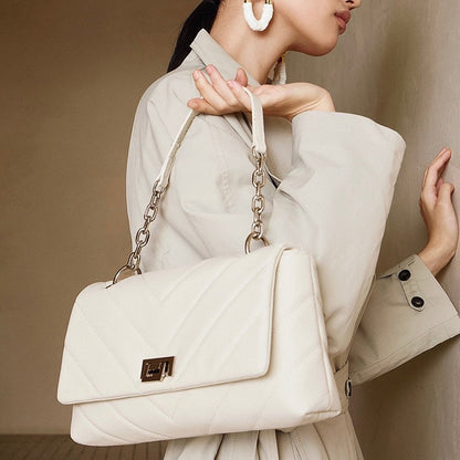 Chain-Embellished V-Quilted Genuine Leather Shoulder Bag