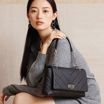 Chain-Embellished V-Quilted Genuine Leather Shoulder Bag