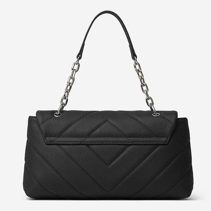 Chain-Embellished V-Quilted Genuine Leather Shoulder Bag