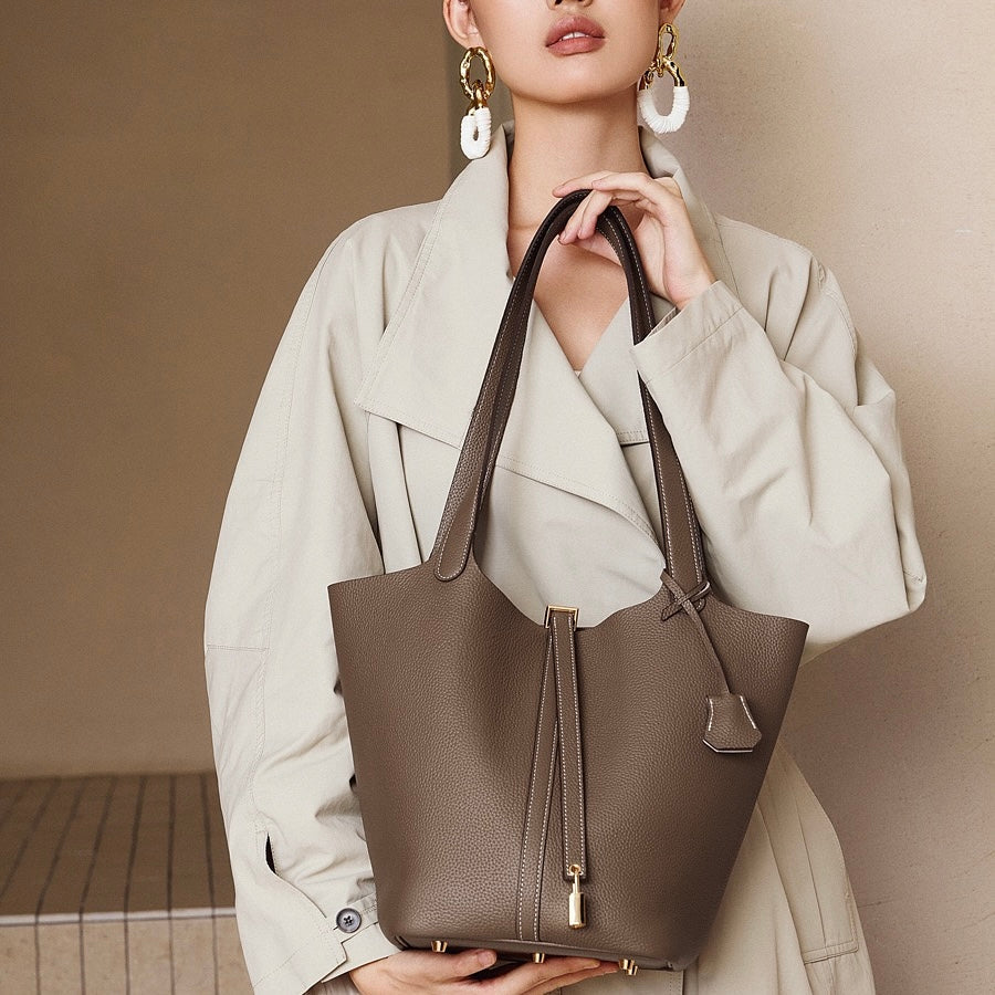 Textured Genuine Leather Tote Bag with Gold Buckle