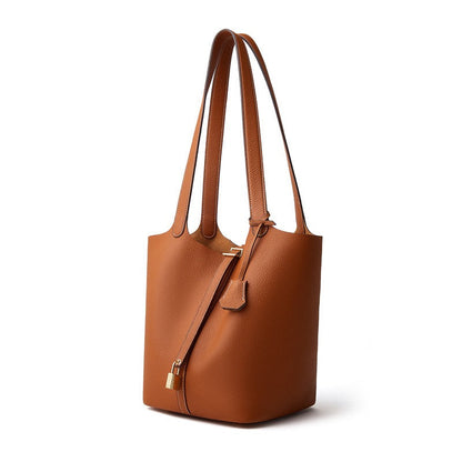 Textured Genuine Leather Tote Bag with Gold Buckle