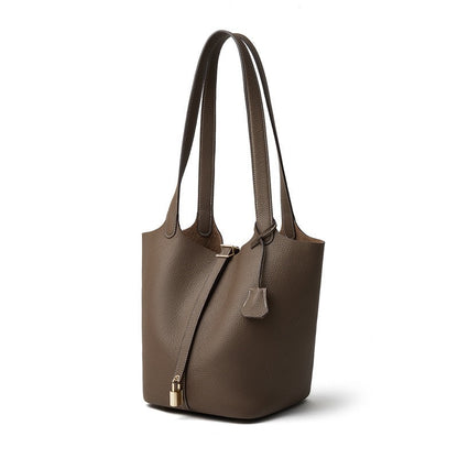 Textured Genuine Leather Tote Bag with Gold Buckle