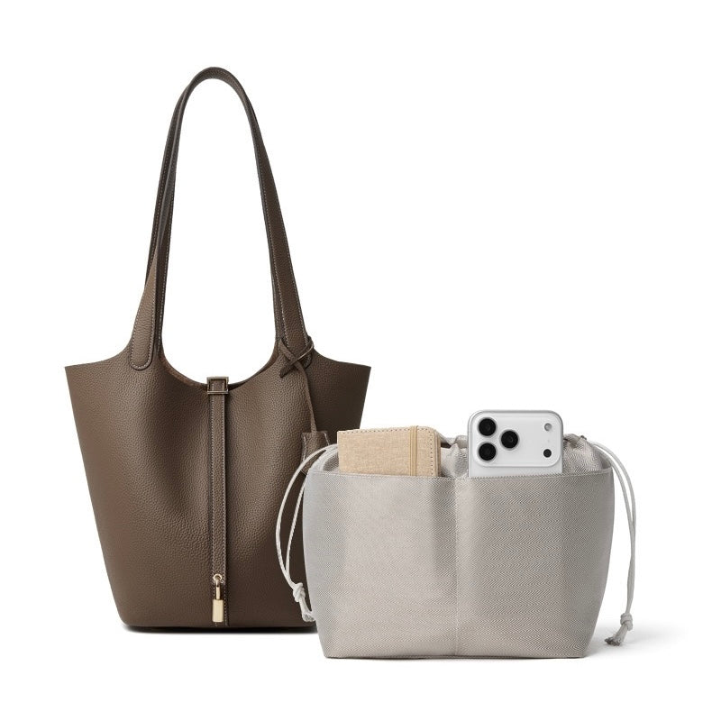 Textured Genuine Leather Tote Bag with Gold Buckle