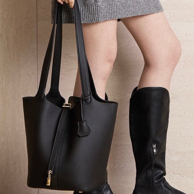 Textured Genuine Leather Tote Bag with Gold Buckle