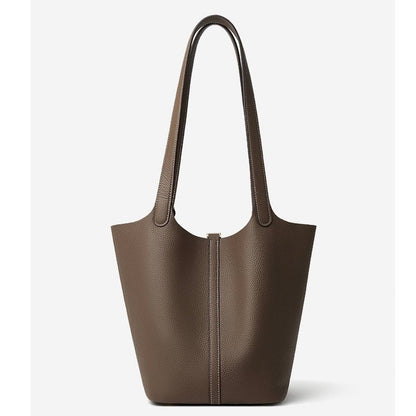 Textured Genuine Leather Tote Bag with Gold Buckle