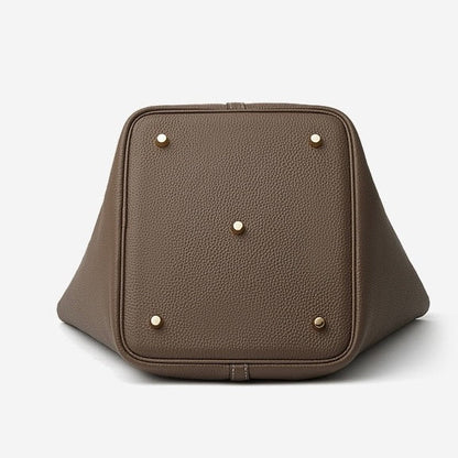 Textured Genuine Leather Tote Bag with Gold Buckle