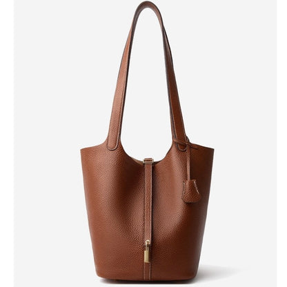 Textured Genuine Leather Tote Bag with Gold Buckle