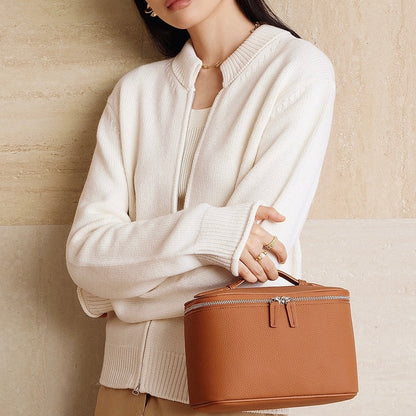 Genuine Leather Multi-Compartment Cosmetic Bag