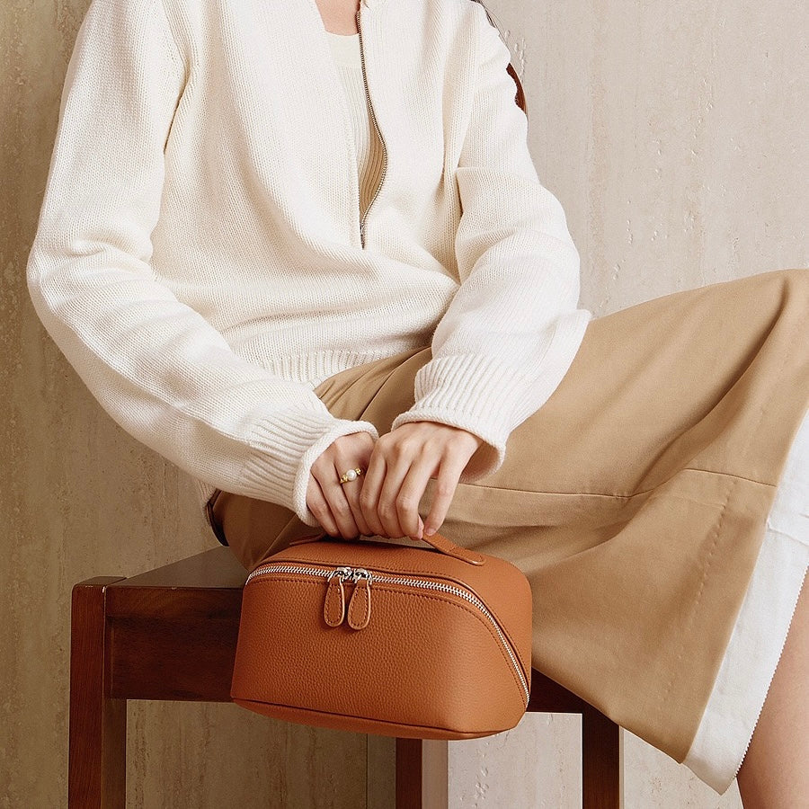 Textured Genuine Leather Top-Zip Vanity Clutch Bag