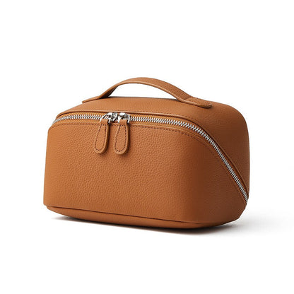 Textured Genuine Leather Top-Zip Vanity Clutch Bag