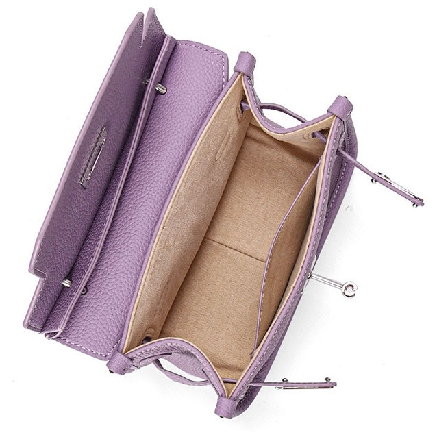 Purple Genuine Leather Mini Crossbody Bag with Lock Closure