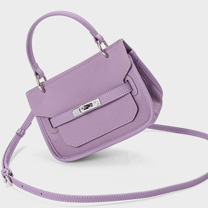 Purple Genuine Leather Mini Crossbody Bag with Lock Closure