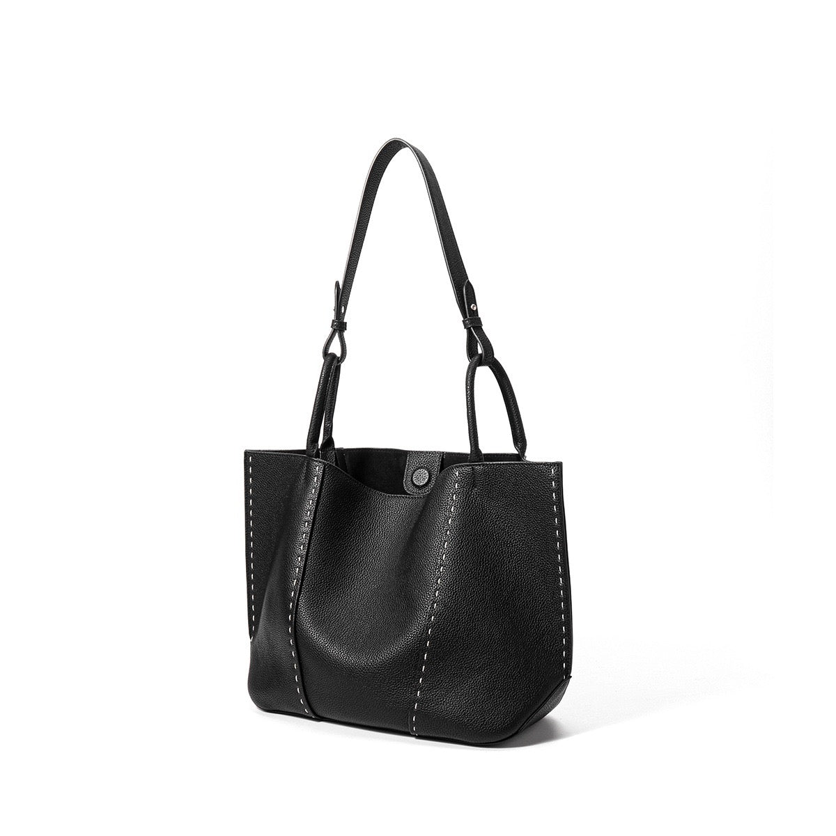 Contrast-Stitch Textured Genuine Leather Tote Bag