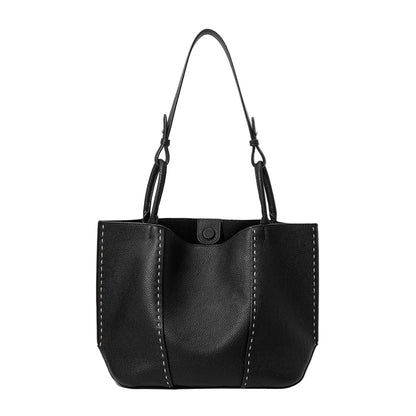 Contrast-Stitch Textured Genuine Leather Tote Bag
