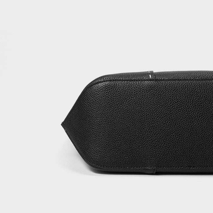 Contrast-Stitch Textured Genuine Leather Tote Bag