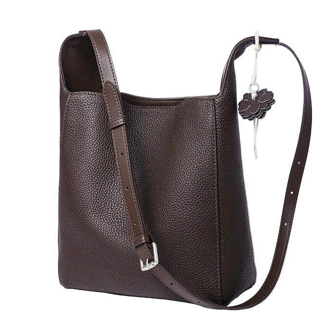 Textured Genuine Leather Hobo Bag with Floral Charm