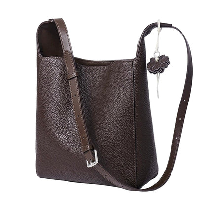 Textured Genuine Leather Hobo Bag with Floral Charm