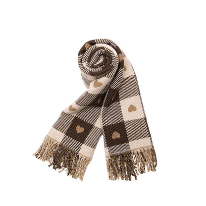Women's Elegant Plaid Heart Patterned Fringed Imitation Cashmere Scarf